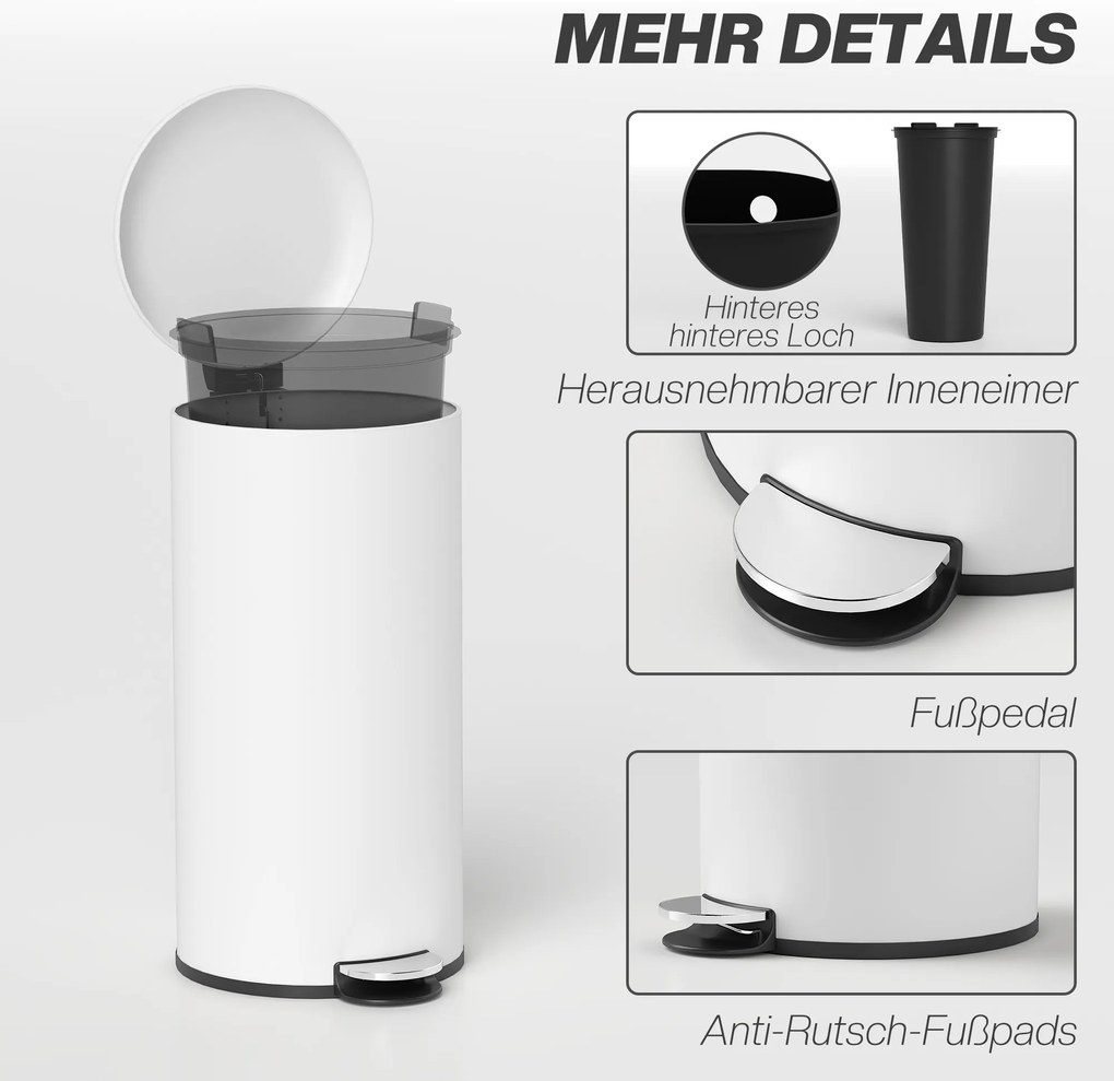 HOMCOM Κάδος απορριμμάτων 30L, κάδος με πεντάλ, κλειδαριά καπακιού, πεντάλ, ανθεκτικό σε λεκέδες, κρεμώδες λευκό