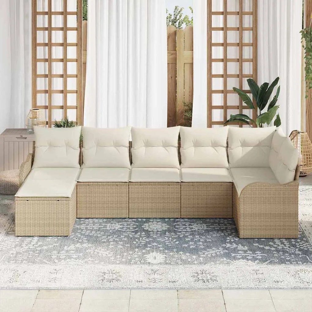 vidaXL Σετ Καναπέ Κήπου με μαξιλάρι 7 pcs Μπεζ Πολυ ράταν