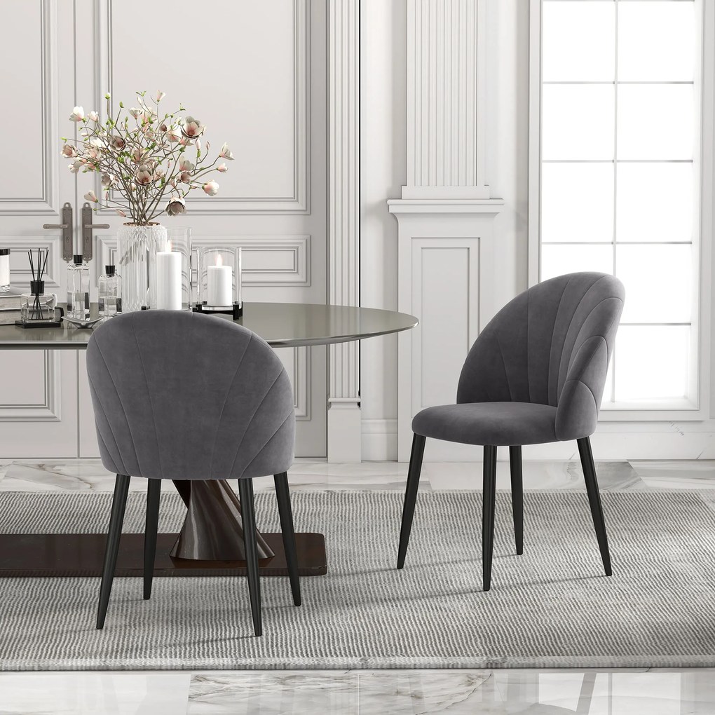 HOMCOM Σετ 2 καρεκλών τραπεζαρίας, Καρέκλες έμφασης, Καρέκλες κουζίνας, Ρετρό σχεδιασμός, όψη βελούδου, 52 cm x 54 cm x 79 cm, Γκρι