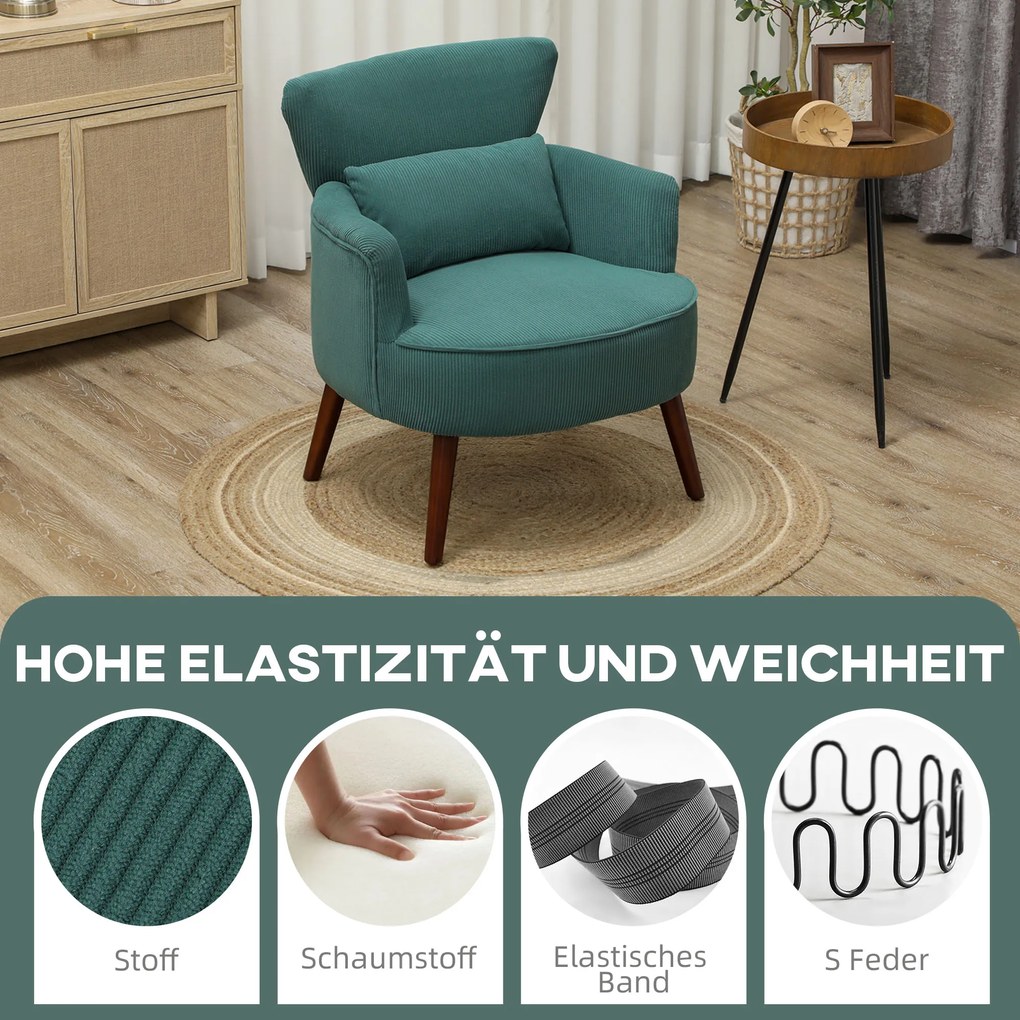 HOMCOM Μοντέρνα Πολυθρόνα, Ενισχυμένη Πολυθρόνα με Μαξιλάρι Οσφυϊκής Μοίρας, Πόδια από Καουτσούκ, Σκούρο Πράσινο