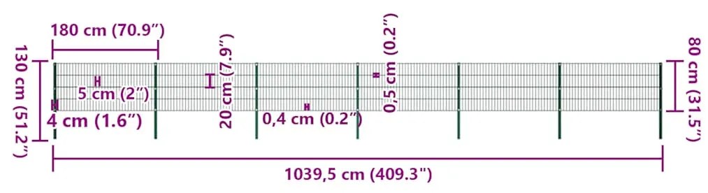 vidaXL Πάνελ Περίφραξης με Στύλους Σιδερένιο Πράσινο 1040x80 εκ.