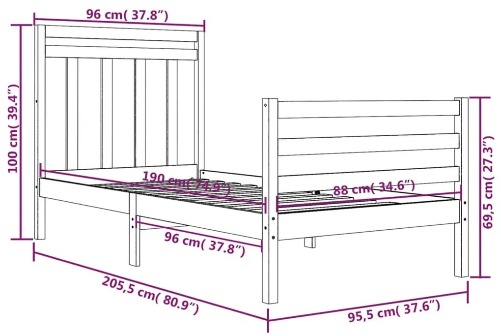 vidaXL Πλαίσιο Κρεβατιού 90 x 200 εκ. από Μασίφ Ξύλο