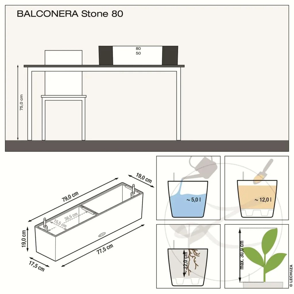 LECHUZA Ζαρντινιέρα Αυτοποτιζόμενη BALCONERA Stone 80 ALL-IN-ONE Γκρι