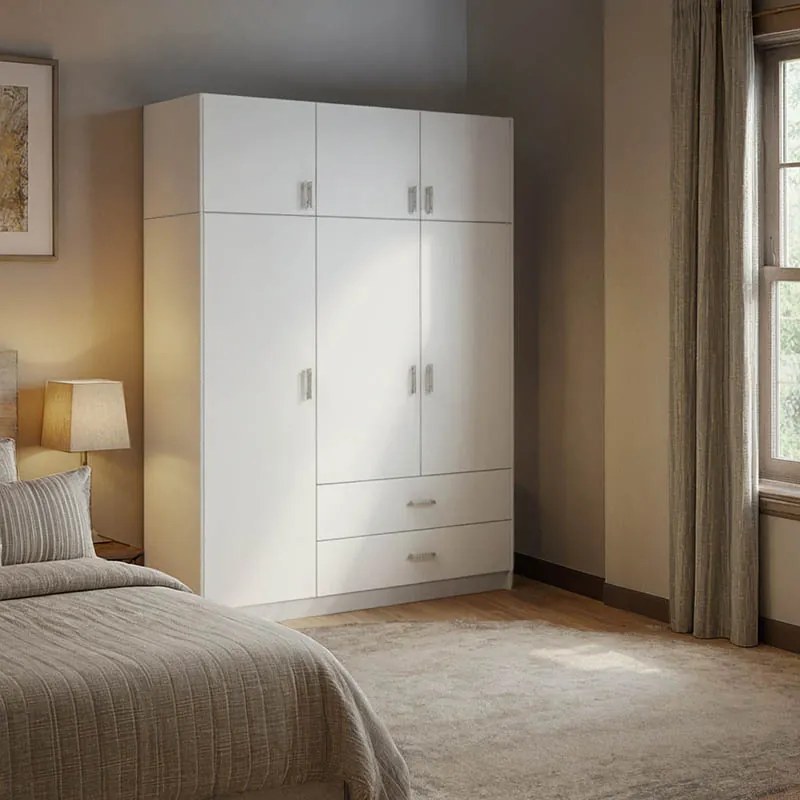 Ντουλάπα τρίφυλλη Royal με συρτάρια και πατάρι λευκό 150x58x230εκ