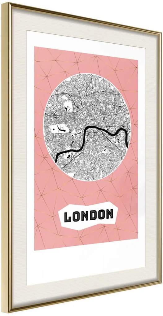 Αφίσα - City map: London (Pink) - 30x45 - Χρυσό - Με πασπαρτού