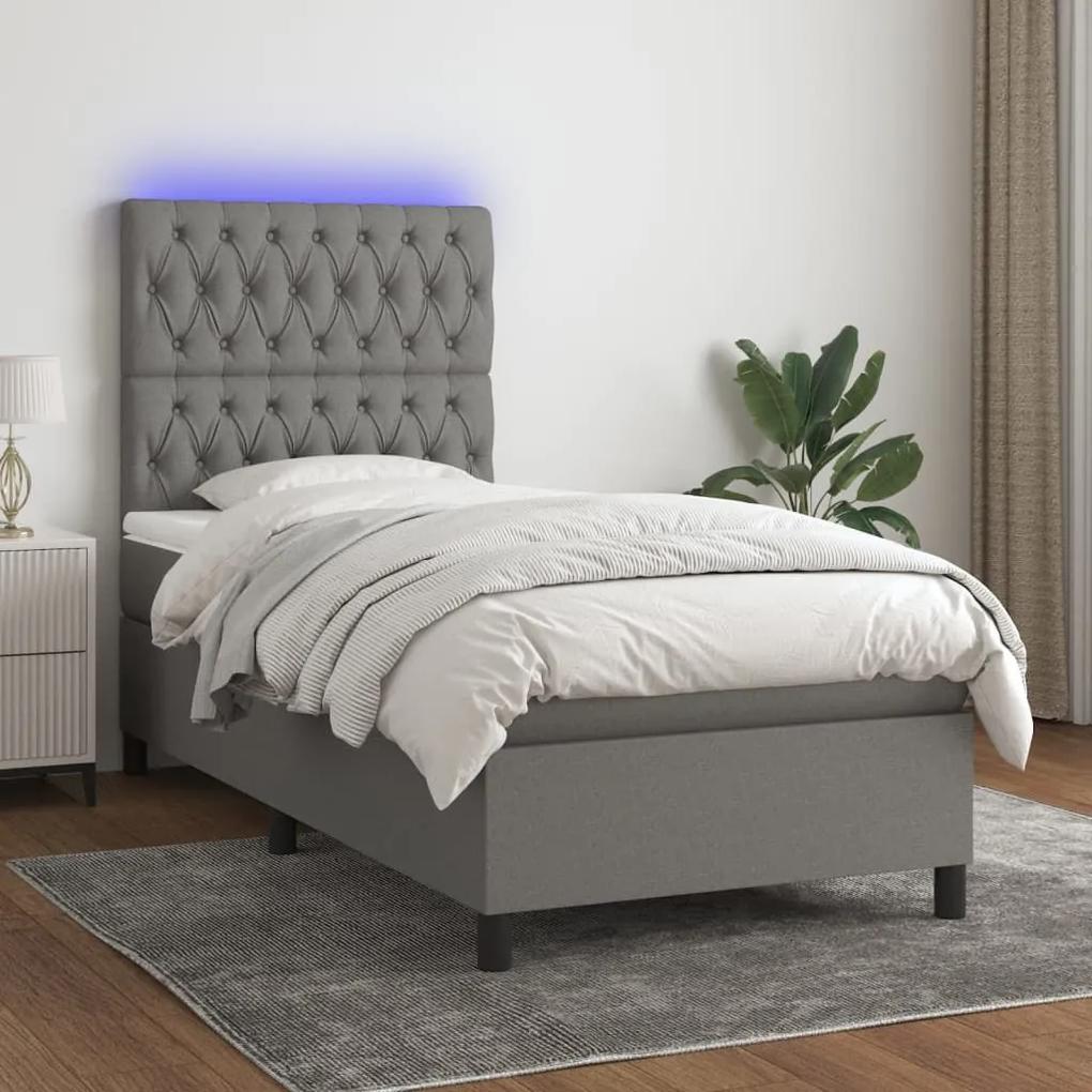 Κρεβάτι Boxspring με Στρώμα &amp; LED Σκ.Γκρι 90x190 εκ. Υφασμάτινο - Γκρι