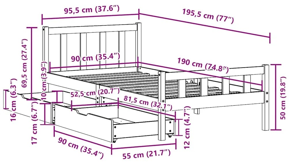 Σκελετός Κρεβατιού Χωρίς Στρώμα 90x190 εκ Μασίφ Ξύλο Πεύκου 3301565