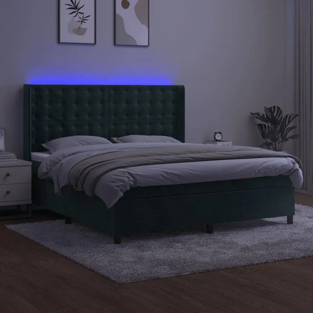 vidaXL Κρεβάτι Boxspring με Στρώμα & LED Σκ. Πράσινο 160x200εκ Βελούδο