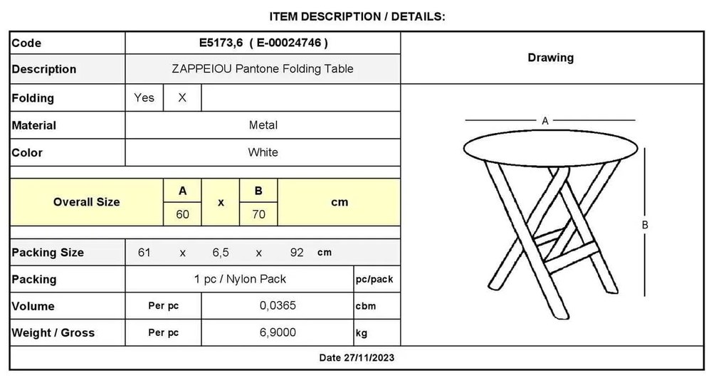 ΖΑΠΠΕΙΟΥ Pantone Τραπέζι Πτυσσόμενο, Μέταλλο Βαφή Άσπρο Φ60cm H.70cm
