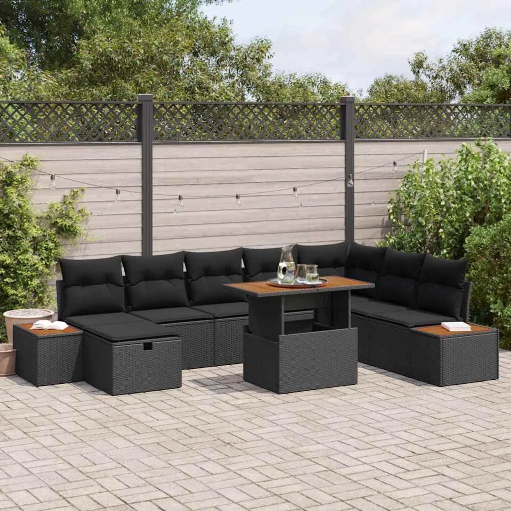 vidaXL Σετ Καναπέ Κήπου με μαξιλάρι 9 pcs Μαύρο Πολυ ράταν