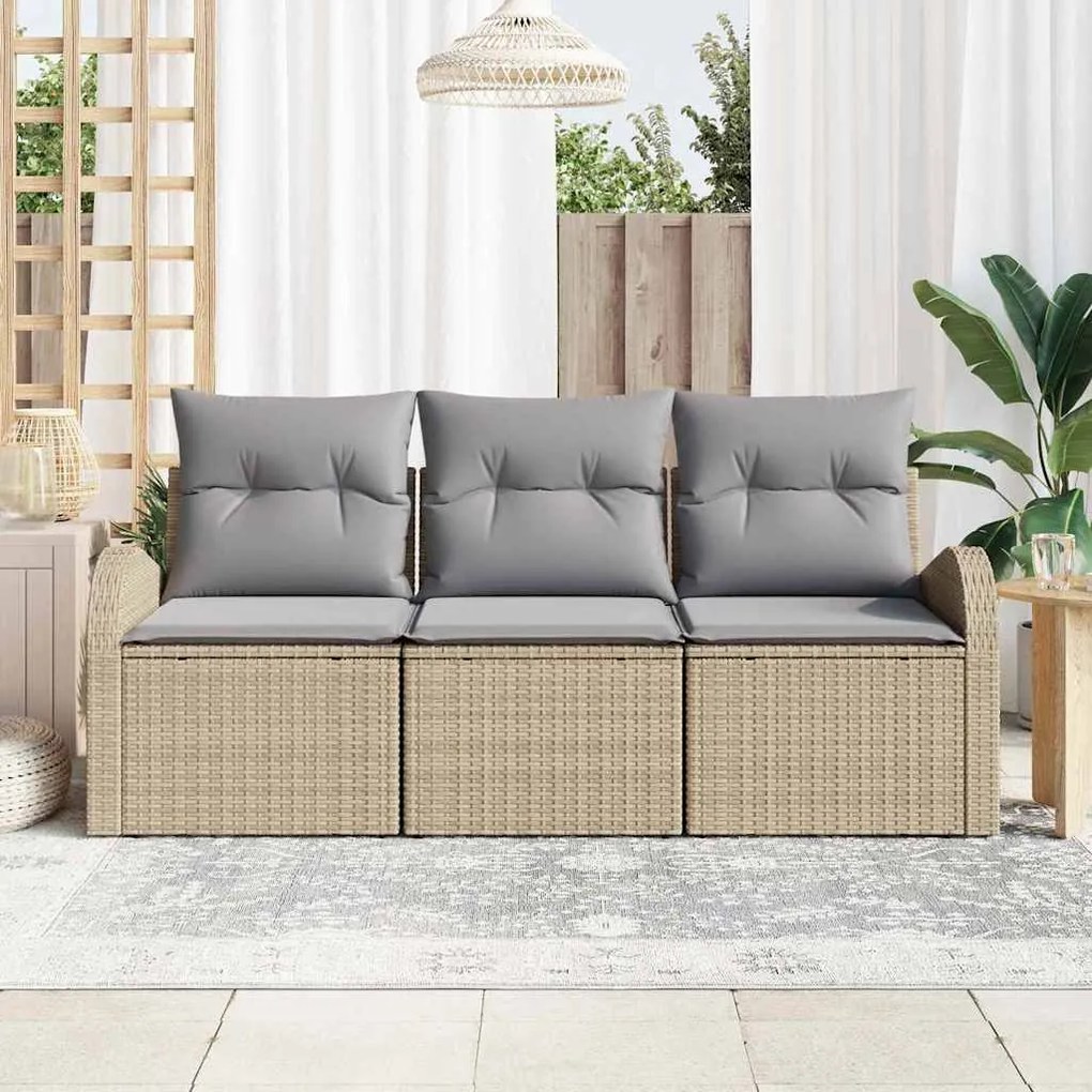 vidaXL Σετ Καναπέ Κήπου με μαξιλάρι 3 pcs Μπεζ Πολυ ράταν