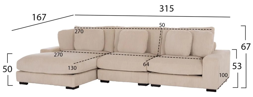 Γωνιακός Καναπές CRANFIELD Αριστερή γωνία σε Μπέζ Ριγέ ύφασμα 313x169x80Υεκ. 313x169x80 εκ.