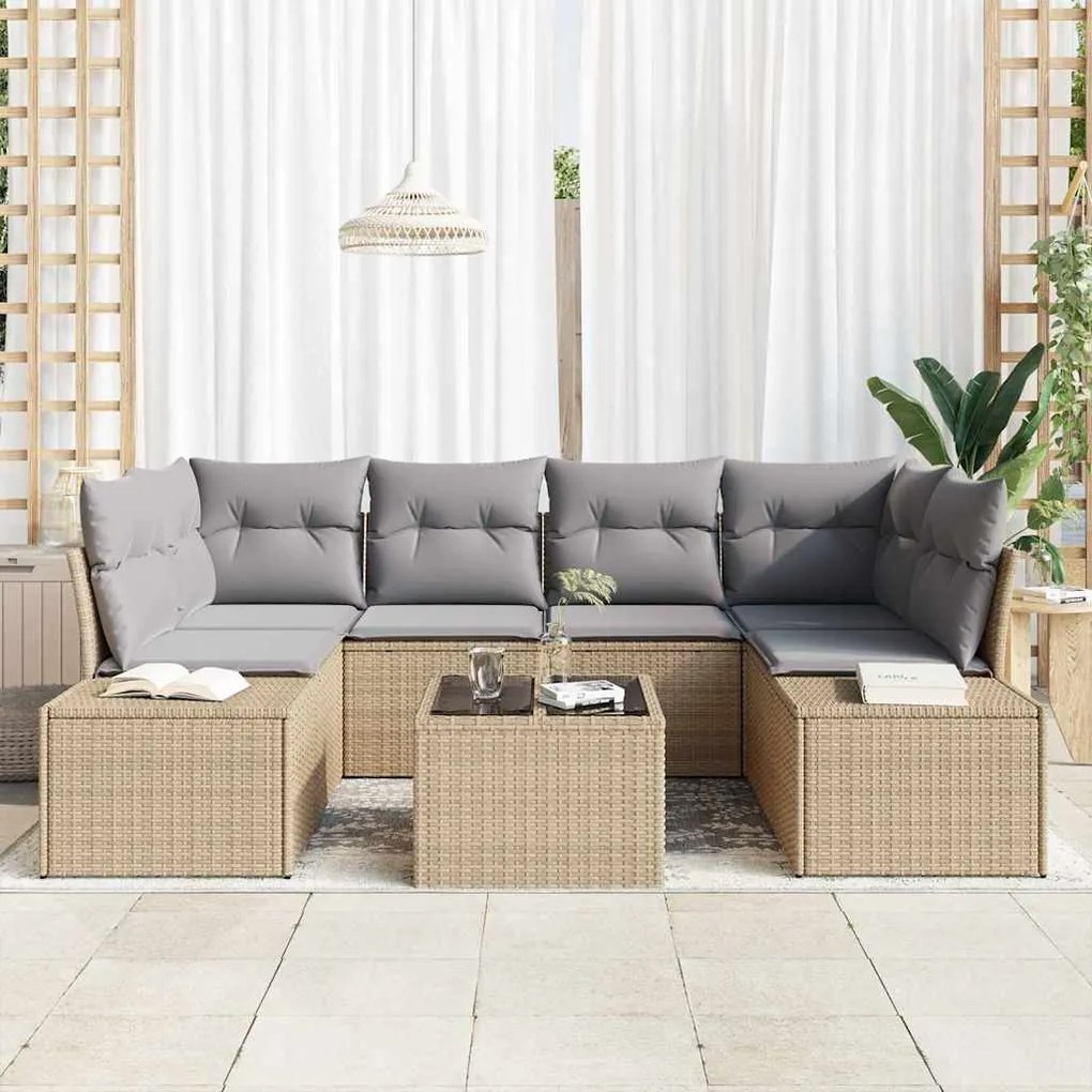 vidaXL Σετ Καναπέ Κήπου με μαξιλάρι 7 pcs Μπεζ, Γκρι 55 x 55 x 37 εκ