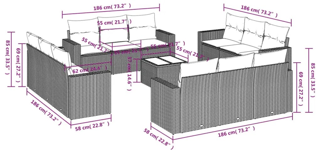 vidaXL Σετ Καναπέ Κήπου 13τεμ Μπεζ Συνθ. Ρατάν με Μαξιλάρια