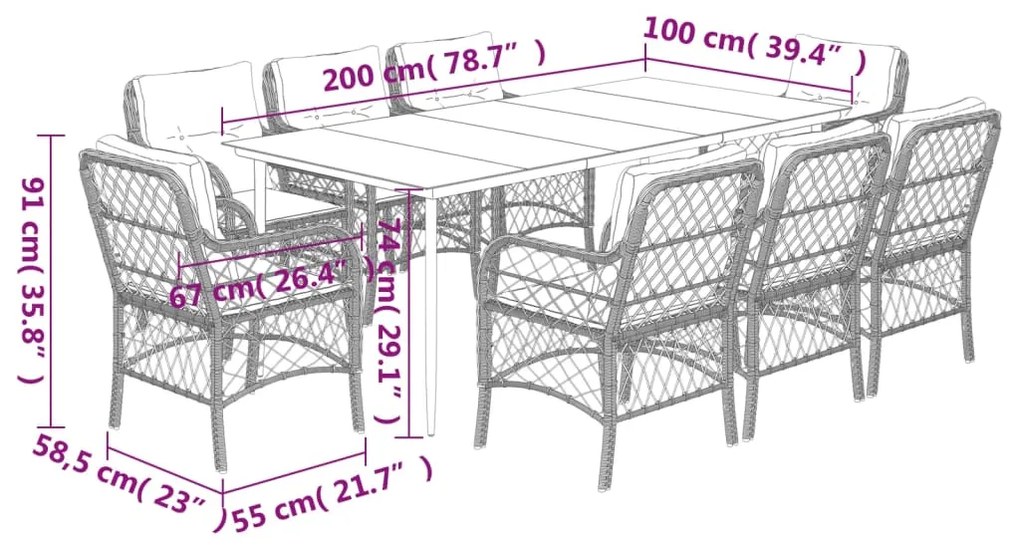 vidaXL Σετ Τραπεζαρίας Κήπου 9 τεμ Μαύρο από Συνθ. Ρατάν με Μαξιλάρια