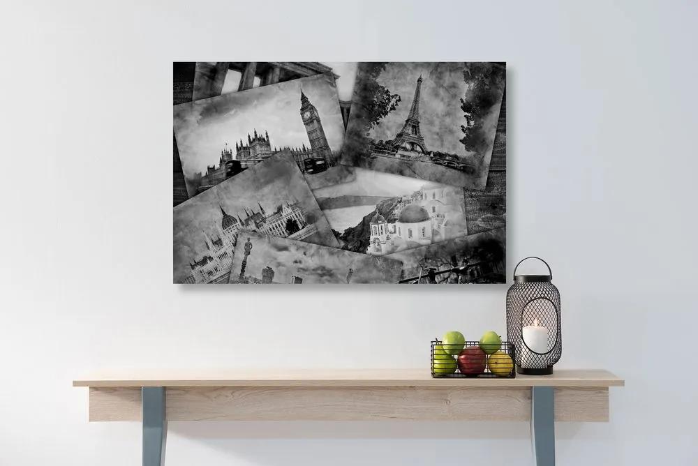Εικόνα ασπρόμαυρες καρτ ποστάλ των πρωτευουσών του κόσμου - 60x40