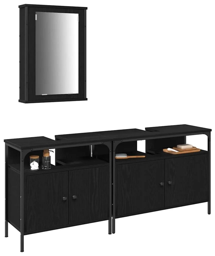 vidaXL Μονάδες Νιπτήρα Μπάνιου με ράφι 3 pcs Μαύρο Επεξεργασμένο ξύλο
