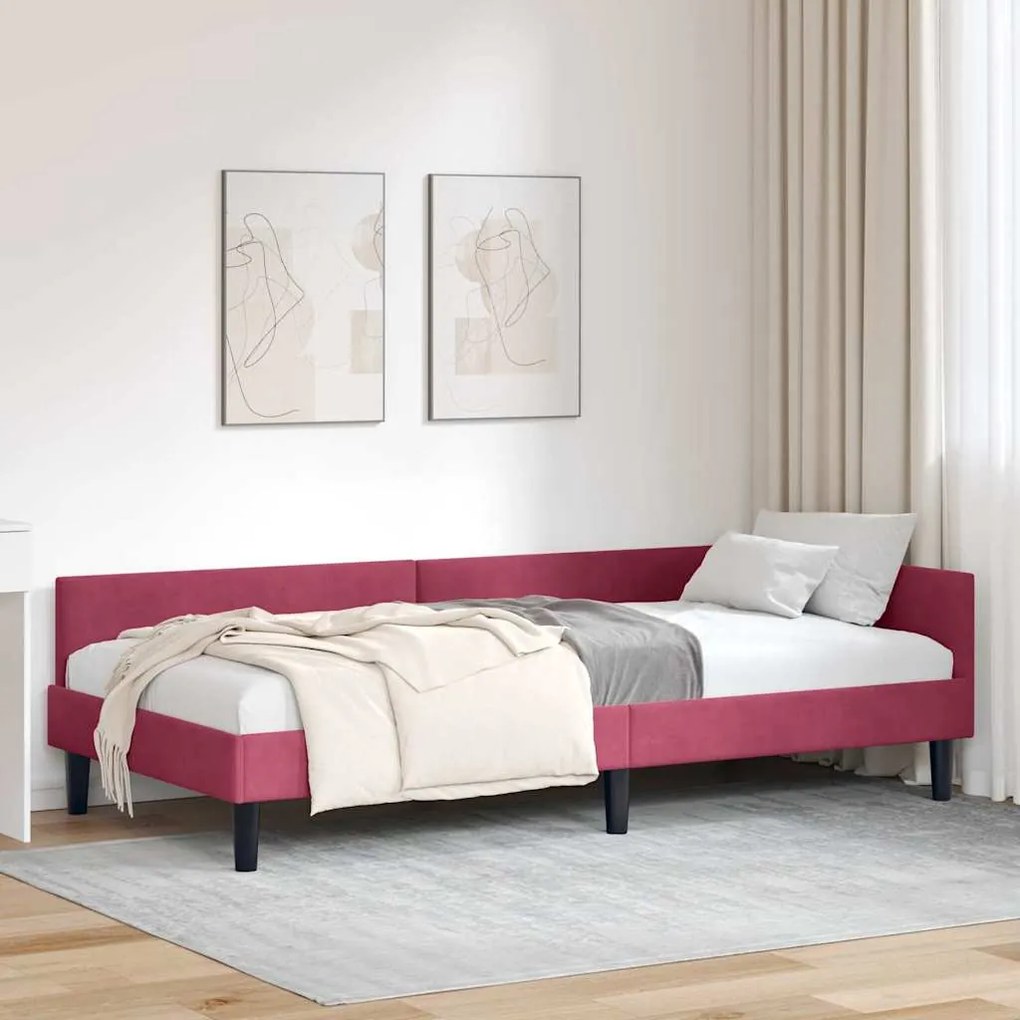 vidaXL Πλαϊνό Κρεβάτι Μπορντό 100 x 200 cm Βελούδο και Στιβαρή ξυλεία