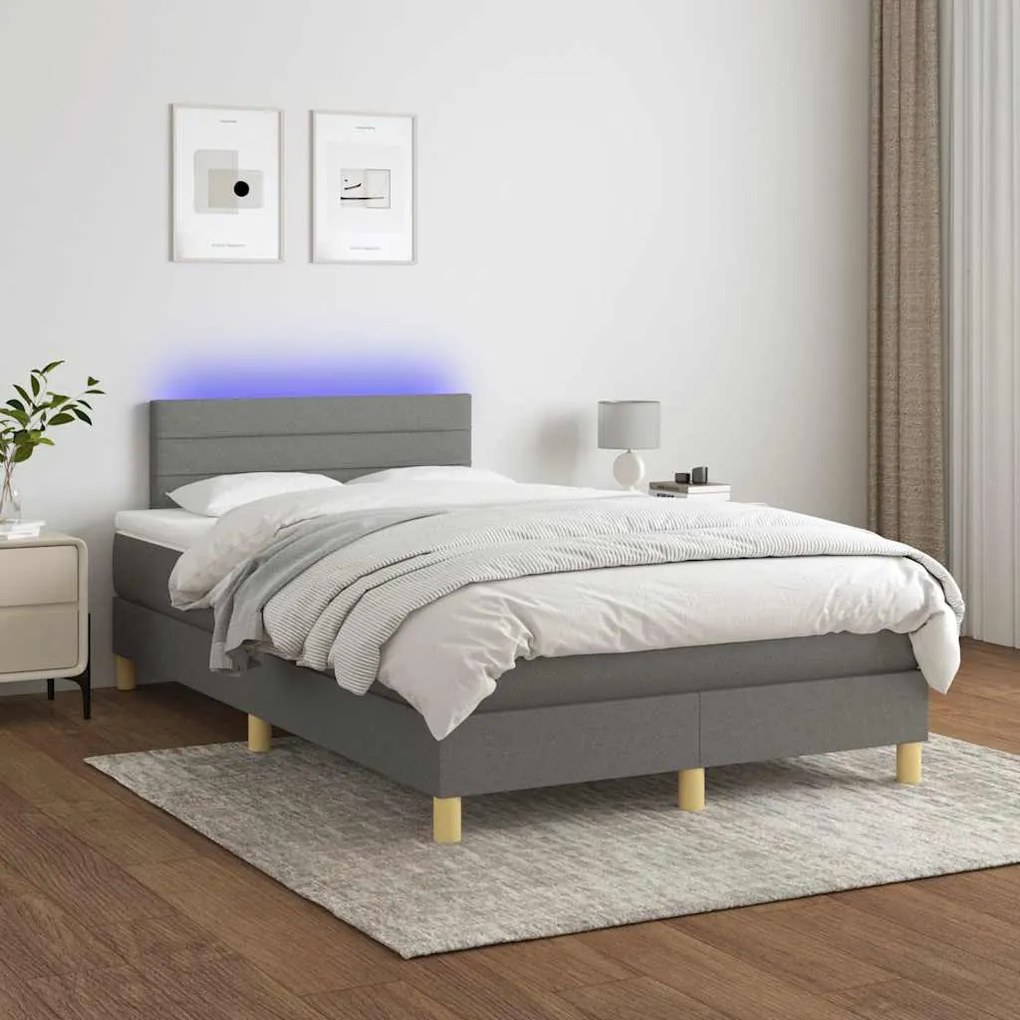 vidaXL Κρεβάτι Boxspring με Στρώμα &amp; LED Σκ.Γκρι 120x190εκ. Υφασμάτινο