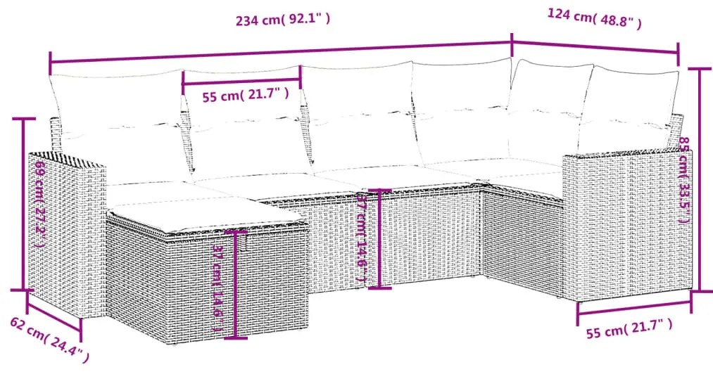 vidaXL Σαλόνι Κήπου Σετ 6 Τεμαχίων Καφέ Συνθετικό Ρατάν με Μαξιλάρια