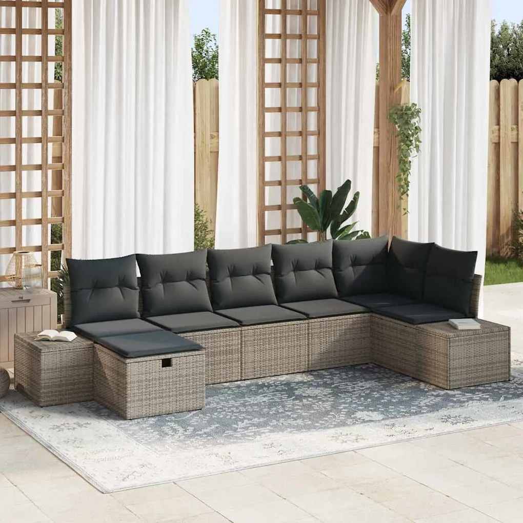 vidaXL Σετ Καναπέ Κήπου με μαξιλάρι 7 pcs Γκρι Πολυ ράταν