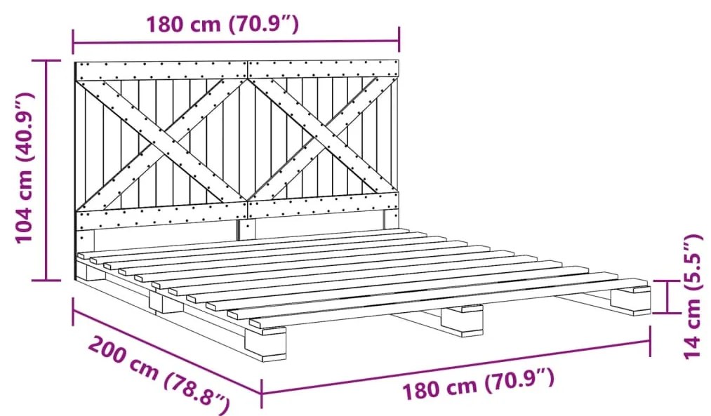 Πλαίσιο Κρεβατιού με Κεφαλάρι 180x200 εκ. από Μασίφ Ξύλο Πεύκου - Καφέ