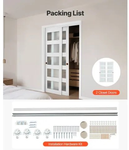 VEVOR Sliding Closet Door, 1219mm (Double 635mm) x 2032 mm, 5-Lite Frosted Glass Bypass Sliding Doors with Hardware Kit, Solid Wood &amp; MDF Slab with Waterproof PVC Surface for Closets Bedrooms