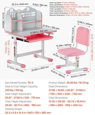VEVOR Kids Study Chair and Desk with Bookshelf &amp; Drawer Adjustable Height Pink