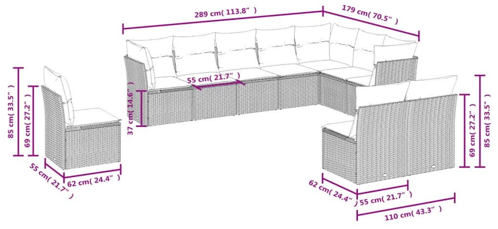 vidaXL Σαλόνι Κήπου Σετ 10 Τεμαχίων Μαύρο Συνθετικό Ρατάν με Μαξιλάρια