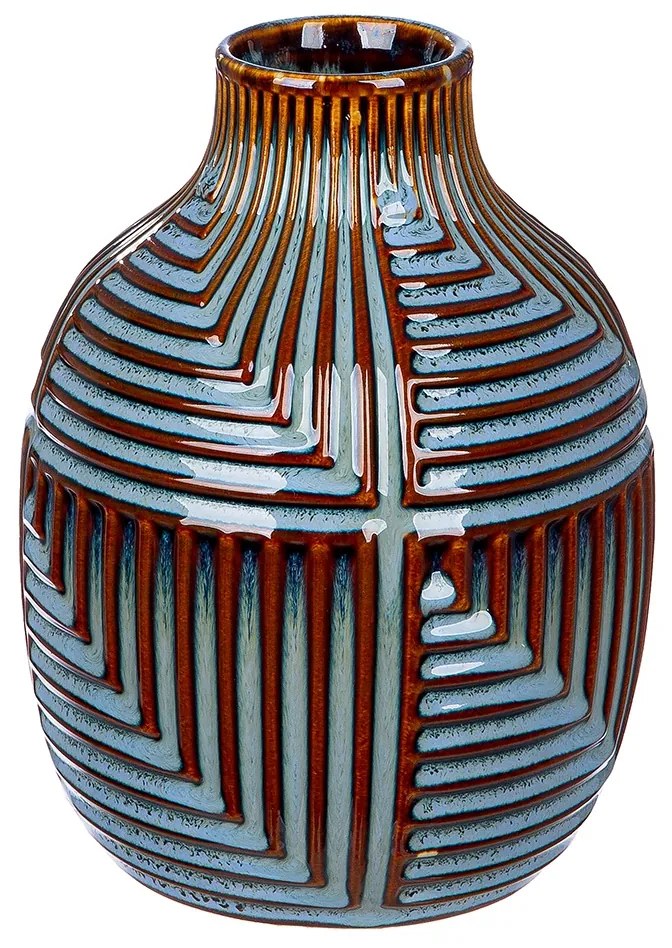 Βάζο Bulbous "Batista" Striped Κεραμικό Μπλε Brown PU H. 20 cm D. 15 cm