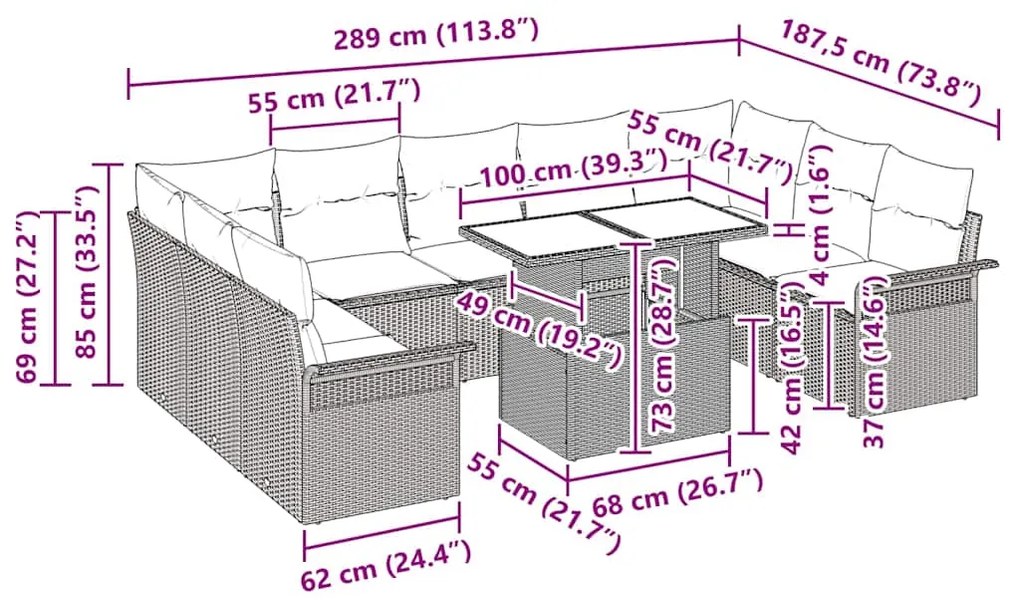 vidaXL Σετ Καναπέ Κήπου 10 pcs Μπεζ 100 x 55 x 73 εκ Πολυ ράταν
