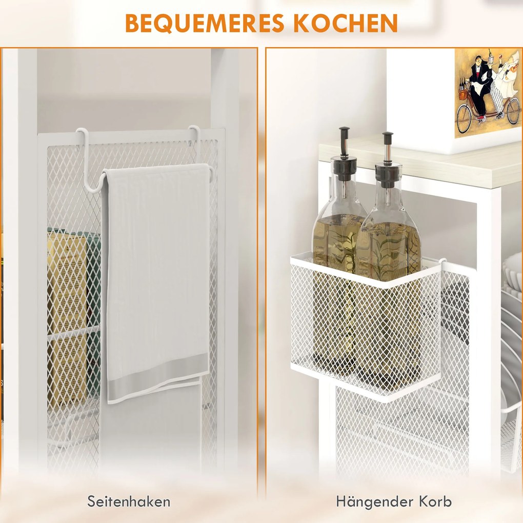 HOMCOM Καρότσι Ντουλάπι Πολλαπλών Χρήσεων, 3 Ράφια, Γάντζοι, 58 cm x 18,5 cm x 87 cm, Λευκό