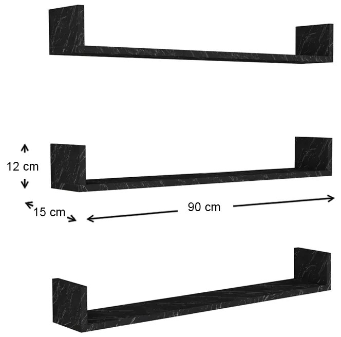 Ραφιέρα τοίχου Tyrion Megapap 3 τεμαχίων από μελαμίνη χρώμα μαύρο εφέ μαρμάρου 90x15x12εκ.