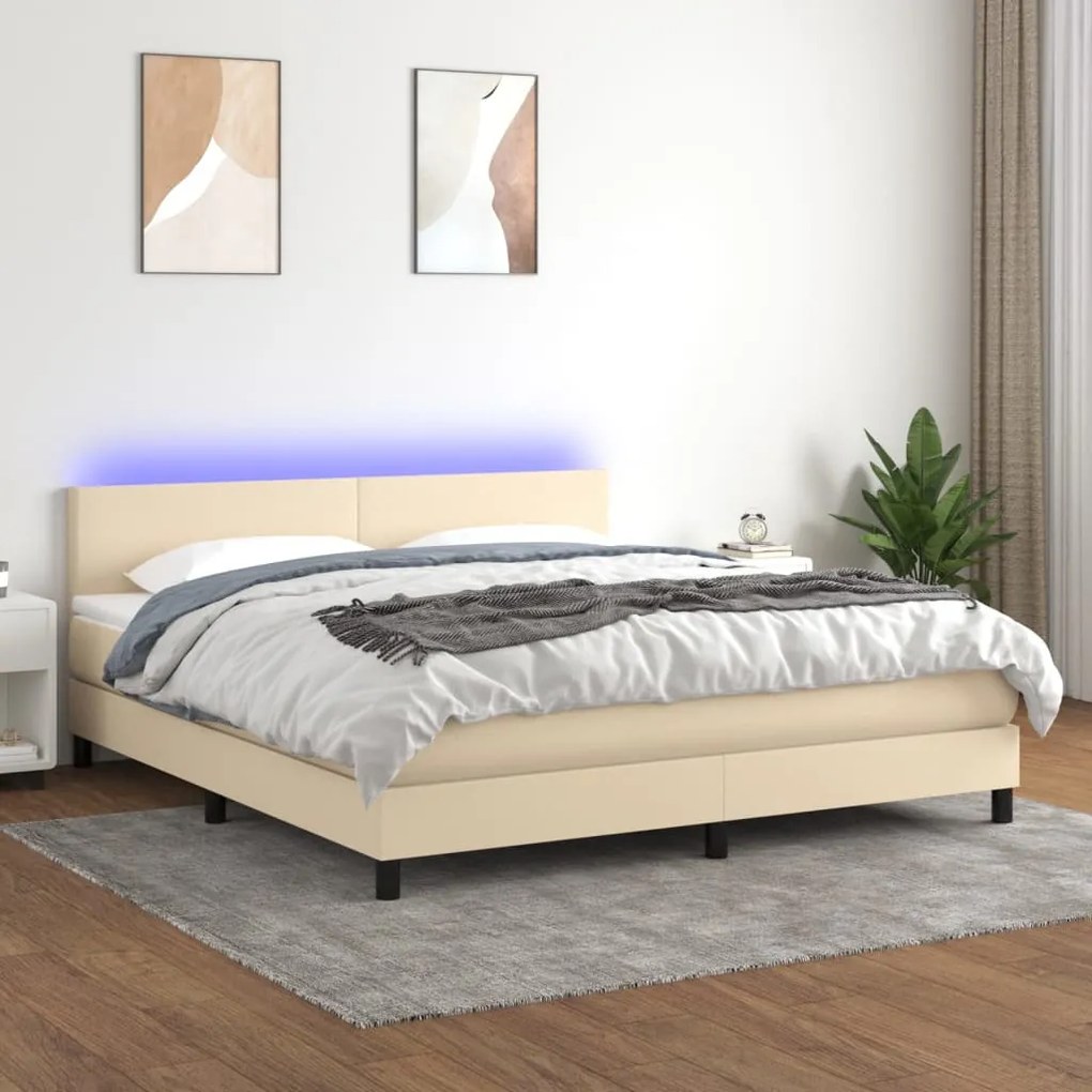 Κρεβάτι Boxspring με Στρώμα &amp; LED Κρεμ 160x200 εκ. Υφασμάτινο