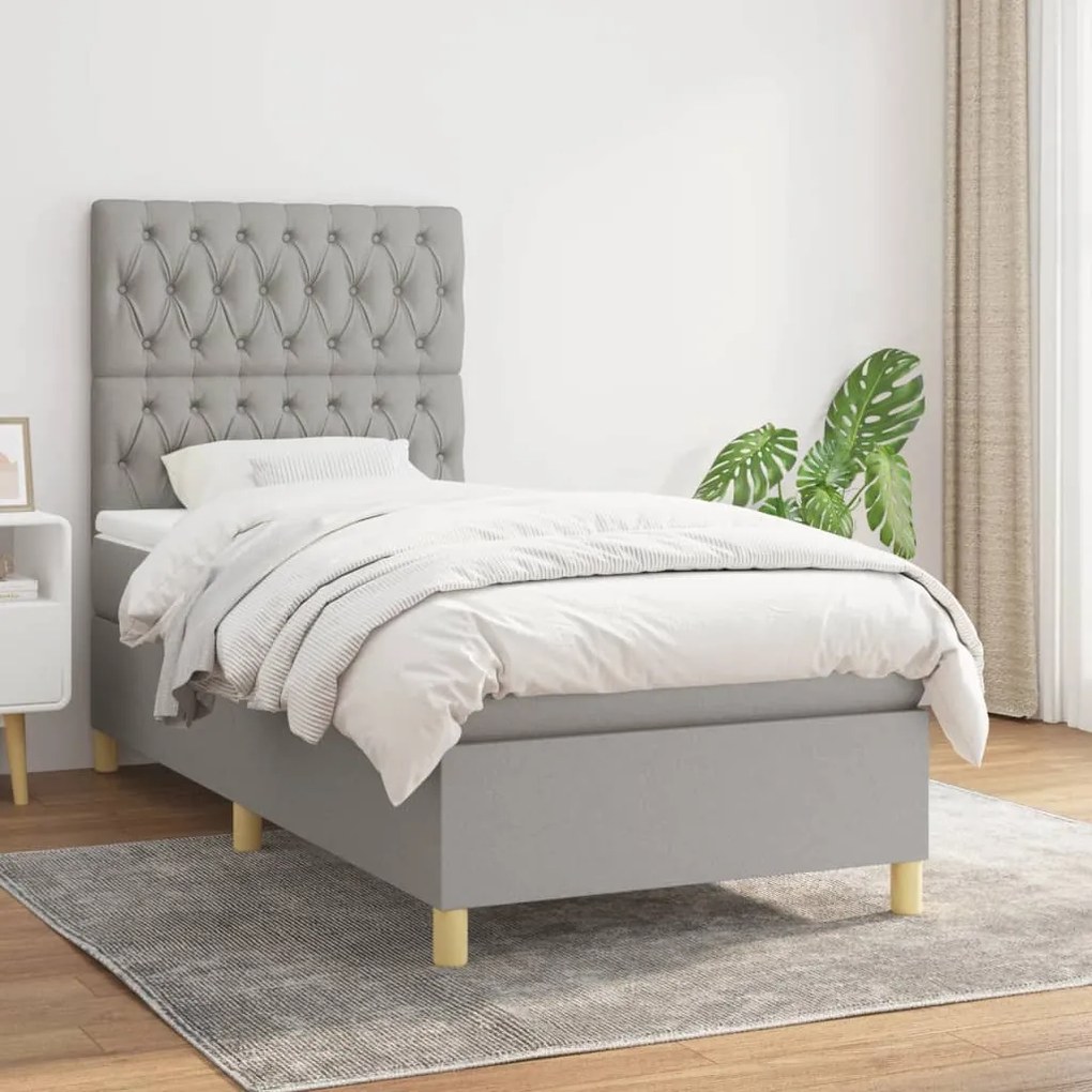 vidaXL Κρεβάτι Boxspring με Στρώμα Ανοιχτό Γκρι 90x200 εκ. Υφασμάτινο