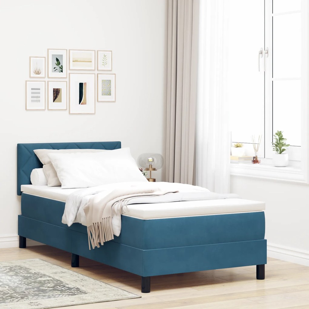 vidaXL Κρεβάτι με Κουτί & Στρώμα Σκούρο Μπλε 90x190 εκ. Βελούδο