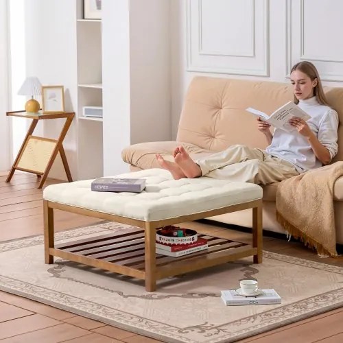 VEVOE Large Square Ottoman Coffee Table, 87.5 cm Tufted Coffee Table with Solid Wood Shelf Storage, Linen Solid Upholstered Footrest Ottoman for Bedroom Living Room, 400 LBS, Off-White