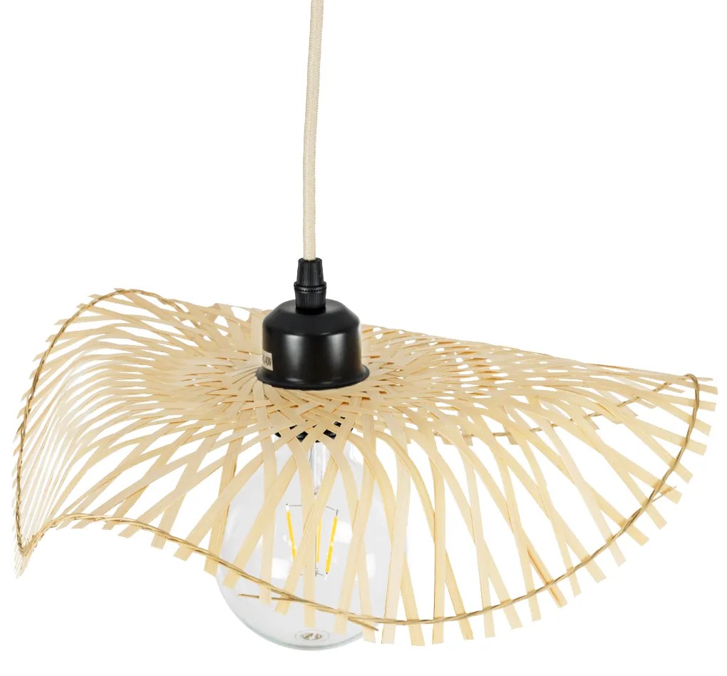 GloboStar® MELEMELE 01839 Boho Κρεμαστό Φωτιστικό Οροφής Μονόφωτο 1 x E27 AC220-240V IP20 - Φ35 x Υ4cm - Μπεζ Ξύλινο Μπαμπού Πλέγμα - 5 Χρόνια Εγγύηση