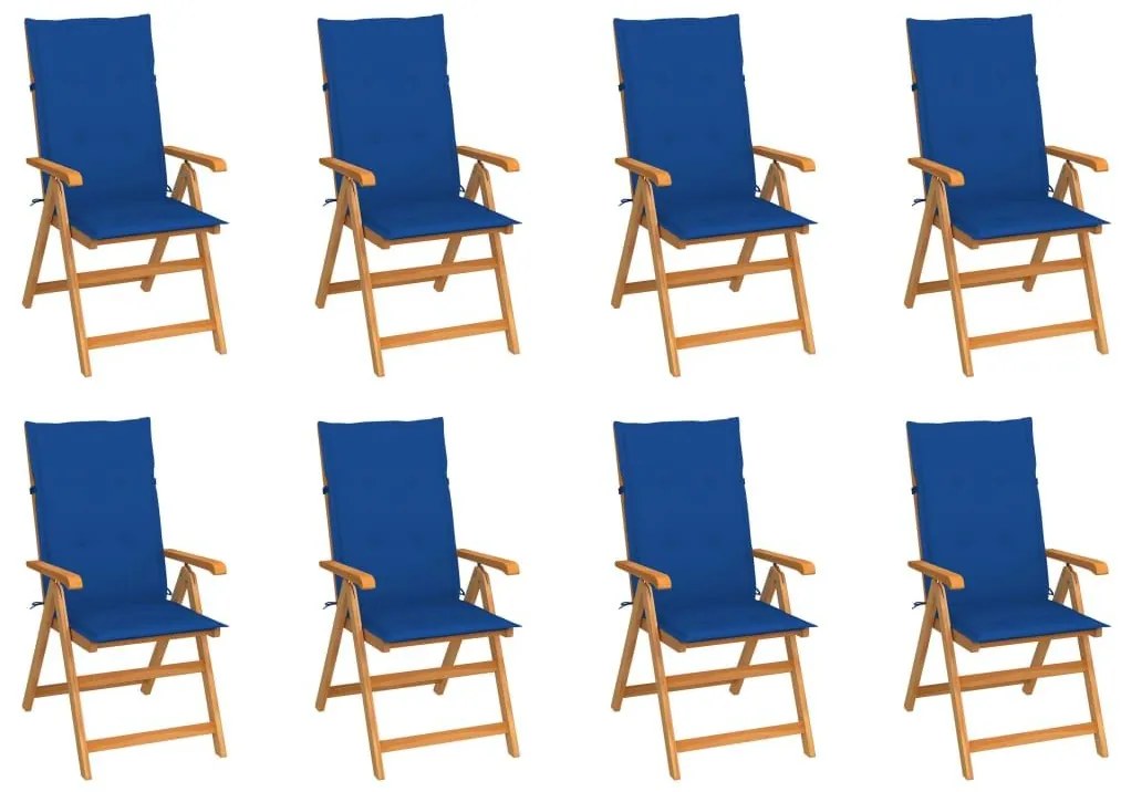 Καρέκλες Κήπου Ανακλινόμενες 8 τεμ. Μασίφ Ξύλο Teak &amp; Μαξιλάρια - Μπλε
