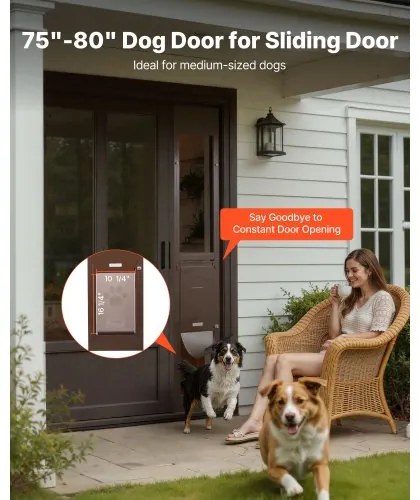 VEVOR Dog Door for Sliding Glass Door, 1927 mm to 2040 mm Adjustable Height, Aluminum Alloy Frame with Rotating Hinges, Lock Design, 260.4 x 412.8 mm Flap, Sliding Glass Pet Door for Renters