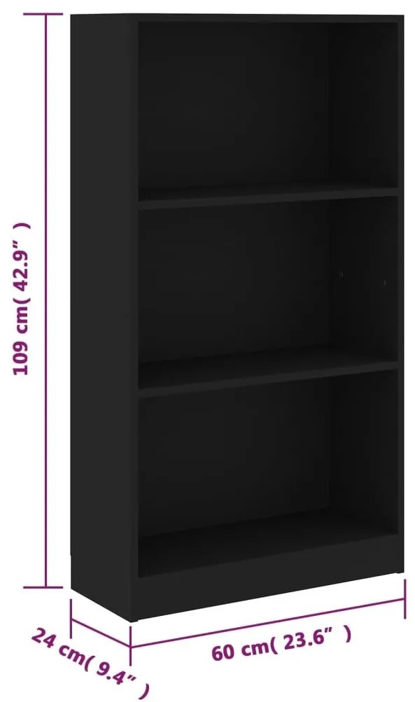 Βιβλιοθήκη με 3 Ράφια Μαύρη 60x24x109 εκ. Επεξεργασμένο Ξύλο - Μαύρο