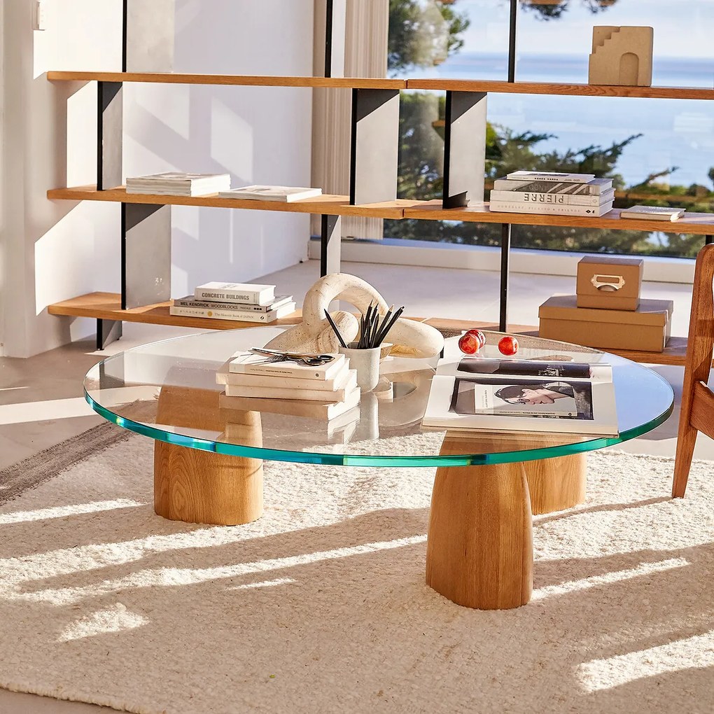 Στρογγυλό χαμηλό τραπεζάκι από ξύλο δρυ και γυαλί, Clay