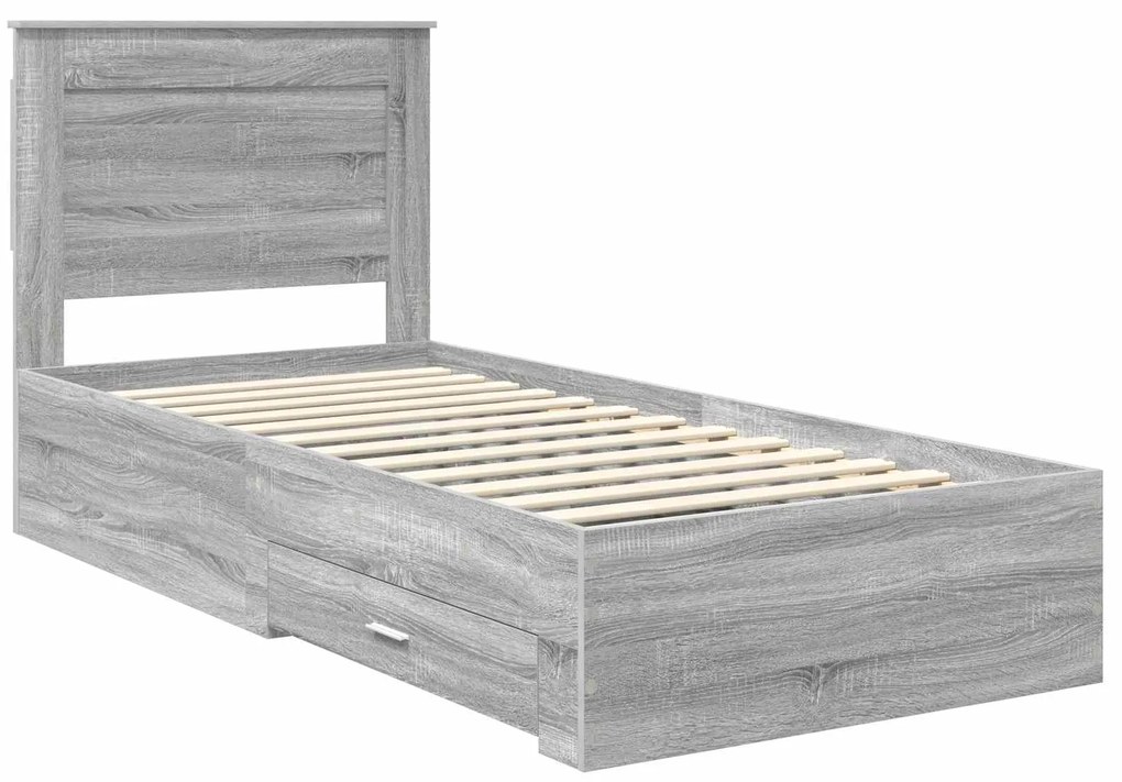 vidaXL Σκελετός Κρεβατιού με συρτάρι Γκρι Σονομά και Ασημί 75 x 190 cm