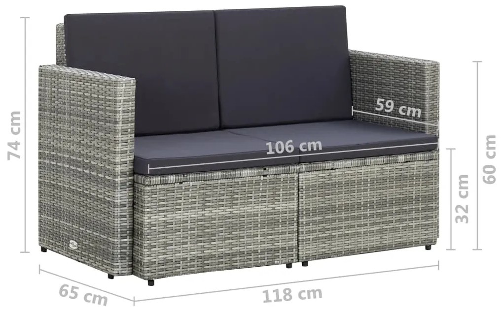 vidaXL Καναπές Κήπου Διθέσιος Γκρι από Συνθετικό Ρατάν με Μαξιλάρια