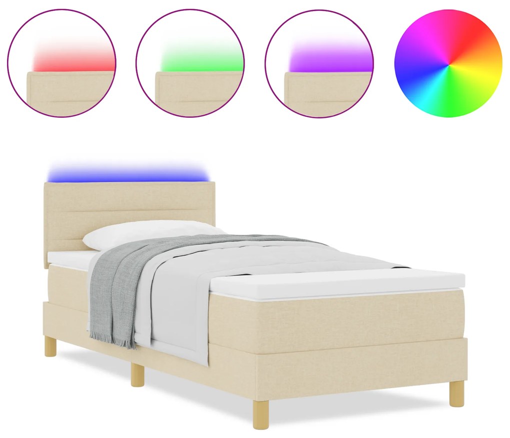 vidaXL Κρεβάτι με Ελατήρια και Στρώμα & LED Κρεμ 90x200 εκ. Ύφασμα