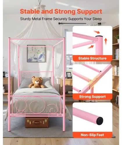 VEVOR Twin Size Canopy Bed Frame Metal Canopy Bed with Headboard &amp; Four Posters