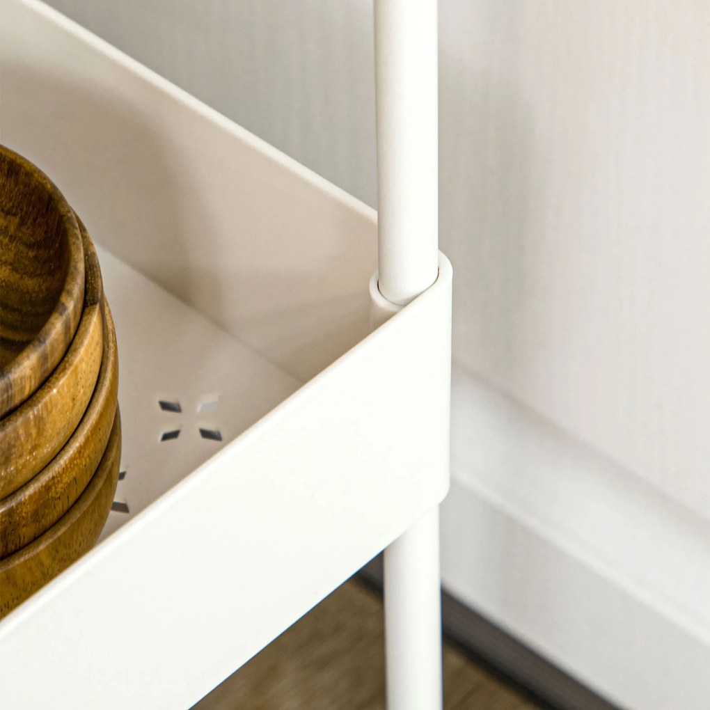 HOMCOM Τροχήλατο καρότσι κουζίνας με 4 ράφια, 4 ευέλικτες κρεμάστρες, 4 τροχούς, 40 cm x 19 cm x 90 cm, λευκό