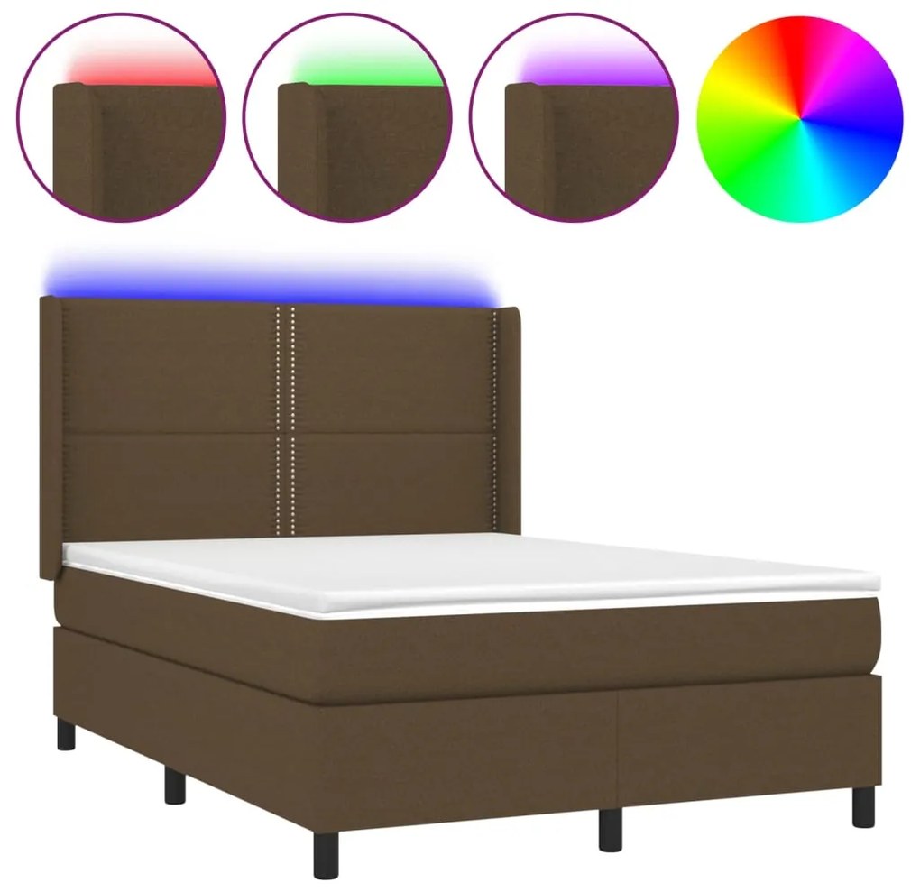 vidaXL Κρεβάτι Boxspring με Στρώμα &amp; LED Σκ.Καφέ 140x200 εκ Υφασμάτινο