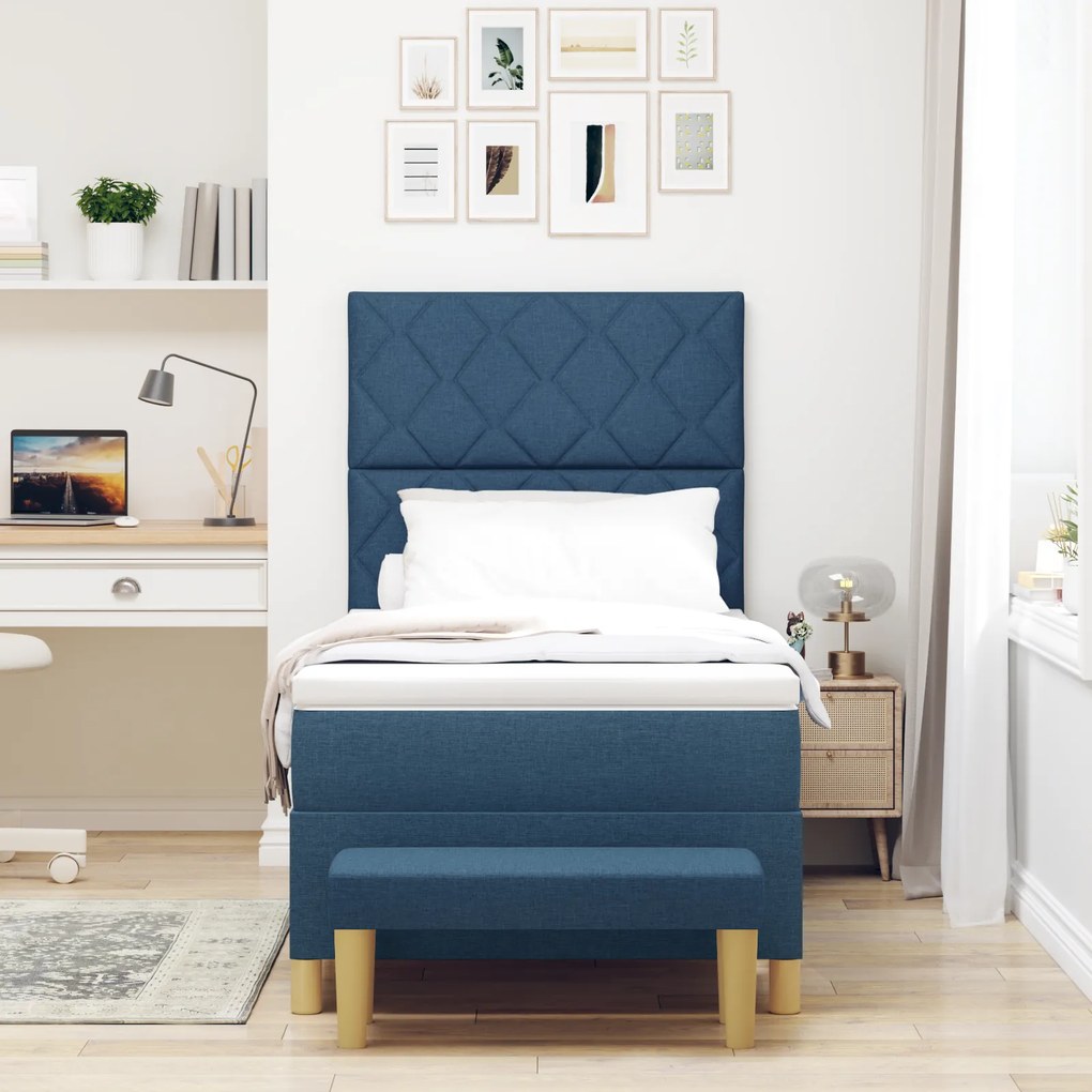 vidaXL Κρεβάτι Box Spring με Στρώμα & Bench Μπλε 100x200 εκ. Ύφασμα