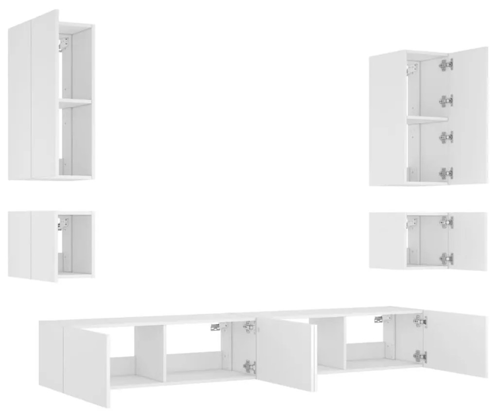 Ντουλάπια Τηλεόρασης Τοίχου 6 Τεμ. με Φώτα LED Λευκά - Λευκό